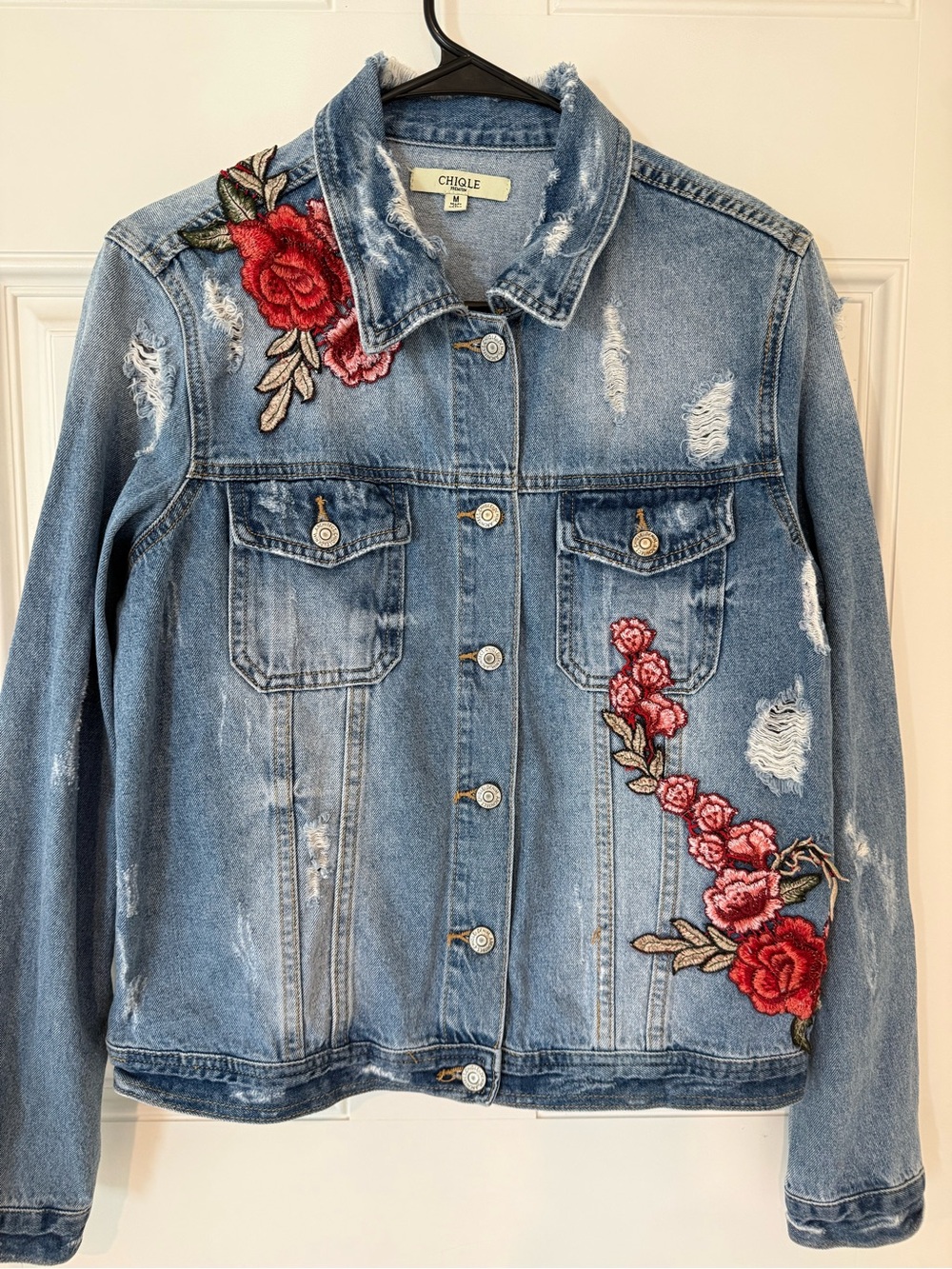 Embroidered Floral Distressed Denim Jacket - Red Floral